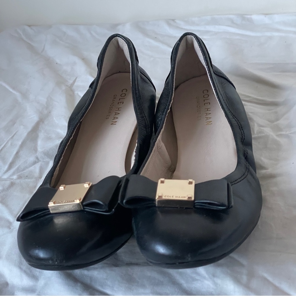 Cole Haan Tali Bow Ballet Black Leather Flats Ballerina Comfortable Career